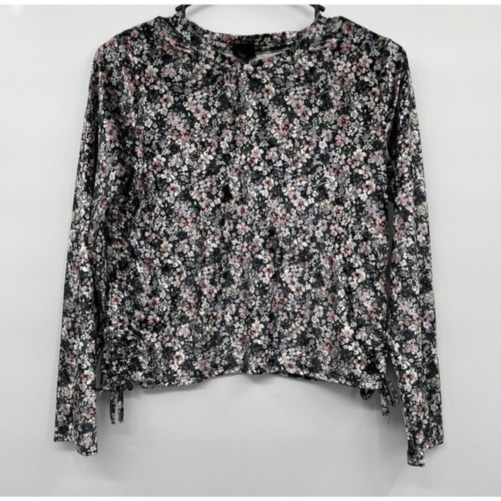 Art Class XL Floral Crushed Velvet Long‎ Sleeve Top Womens Black Side Ties